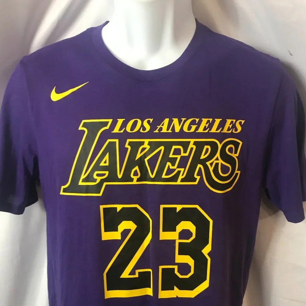 Nike #23 Purple & Gold NBA Lakers James Activewear Athletic Sport Cut Tee Shirt - Picture 2 of 5